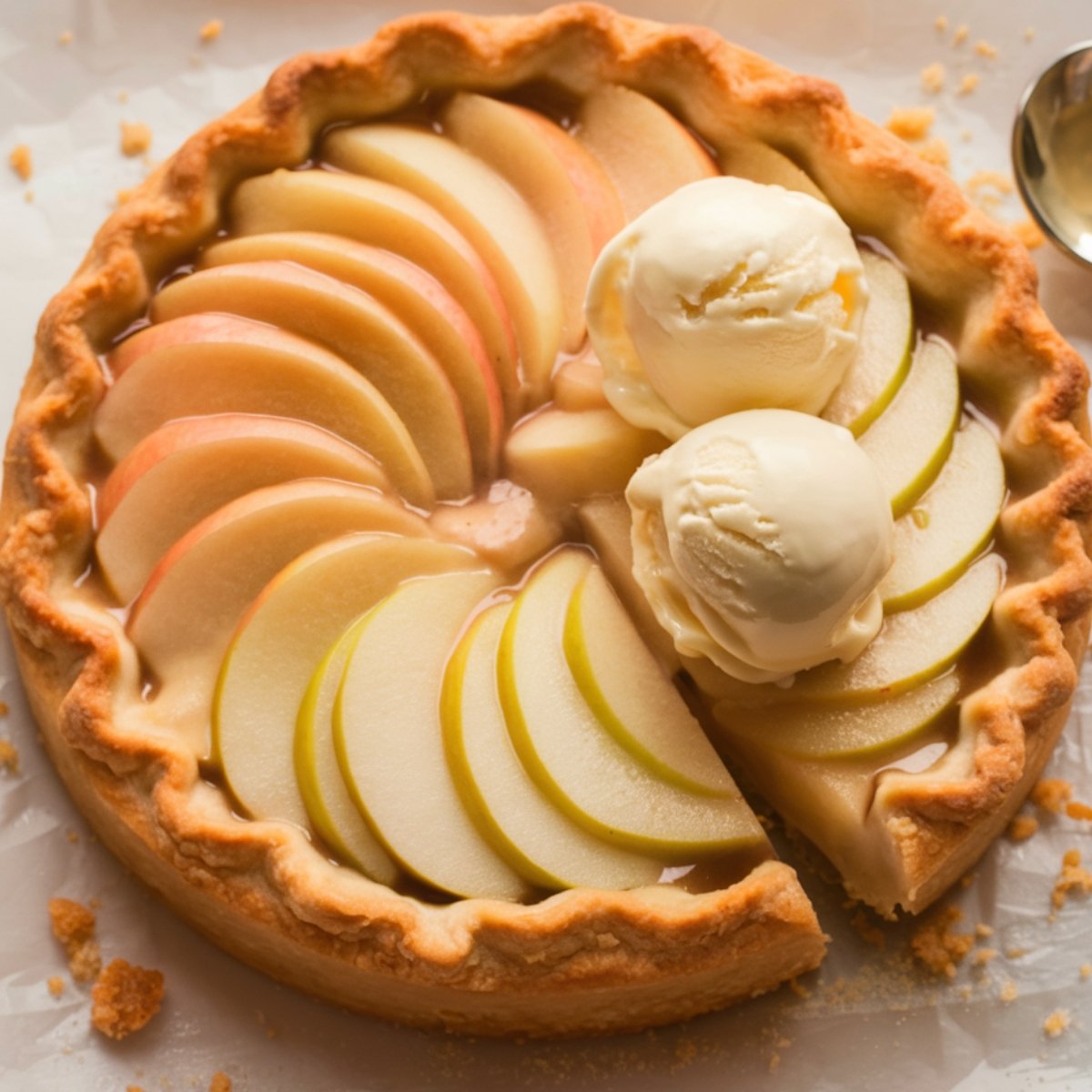 A golden Puff Pastry Apple Tart with a flaky, buttery crust, filled with beautifully arranged thin apple slices. The tart is topped with a glossy glaze and served with two scoops of vanilla ice cream, slightly melting over the warm apple filling. Crumbly edges and a spoon nearby hint at a delicious homemade dessert, perfect for any occasion.