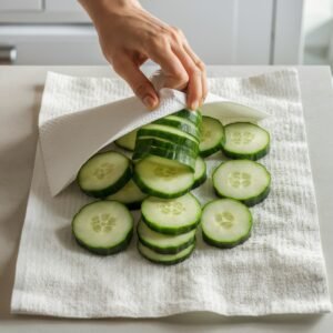 Din Tai Fung Cucumber Recipe – Freshly washed cucumber slices being gently patted dry with a paper towel on a clean kitchen towel. This essential preparation step ensures crisp cucumbers, perfect for absorbing the flavorful dressing in this refreshing and spicy appetizer.